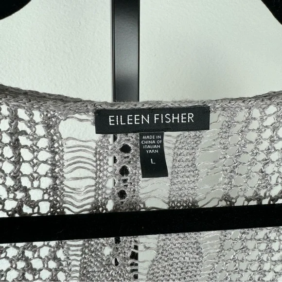 Eileen Fisher Crochet Linen Blend Short Sleeve Grey Popover Top, Sz L - Picture 6 of 8